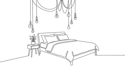Minimalist continuous line drawing of a cozy modern bedroom featuring a comfortable bed, table with a leafy potted plant, and industrial loft hanging lamps in a sleek art style. © tae