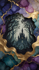 Magical paper cut overlay illustration of an enchanted fairy tale forest silhouette with glowing castle © PMBYTK