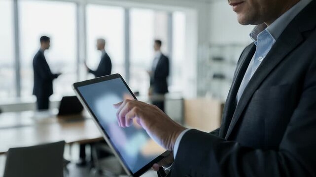 Focused medium shot of a digital tablet displaying fixed share fund analytics held by an investor with the seminar room scene artistically blurred behind.