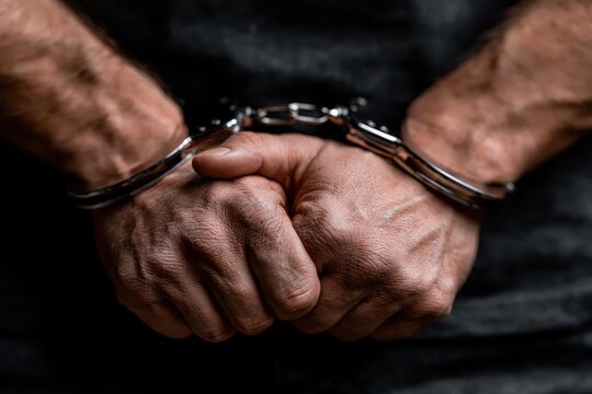 Close-up of a man's hands clasped together, bound by shiny metal handcuffs against a dark background.