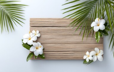 Obraz premium Tropical palm leaves and white flower decoration on wooden board background
