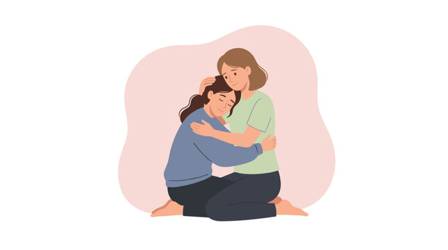 Two women embracing with comfort and support, one kneeling and the other standing