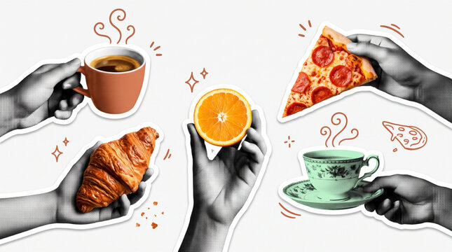 Pop art halftone collage featuring cutout hands holding coffee, croissant, orange, pizza slice and tea. Trendy grunge scrapbook stickers with hand-drawn doodle elements for breakfast and food.