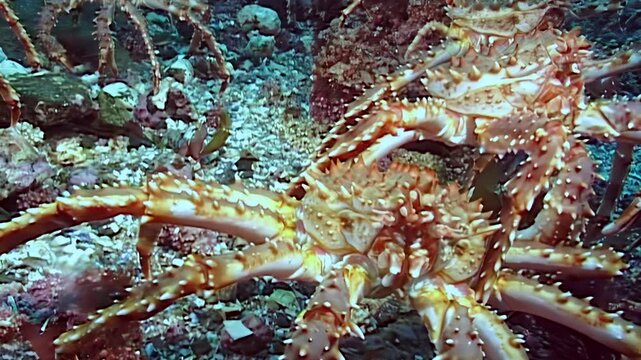 Behold the majestic migration of large red King Crabs, Paralithodes Camtschaticus, traversing the ancient seabed in the chilling Arctic waters. A primal journey.