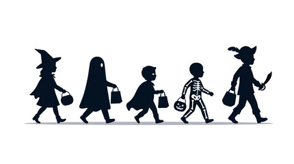 Obraz premium Children in Halloween Costumes Trick or Treating Silhouettes
