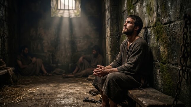 Man sitting in dark stone prison cell. Prisoner praying with hope in rays of light through small window. Historical setting of medieval dungeon. Captivity, struggle and faith concept.