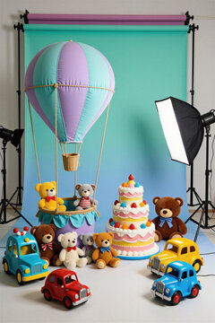 Photo studio setup for children. Toys include teddy bears, cars, and a cake. A large hot air balloon prop and lighting equipment are visible.