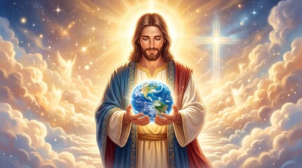 Obraz premium Jesus Christ holding earth in hand against divine sky with clouds and bright light. Biblical savior protecting planet. Religious concept of creation, faith, salvation and peace.