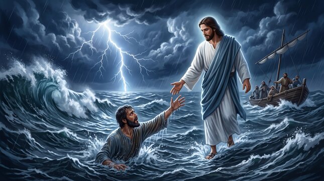 Jesus helping Peter to walk on water during a stormy sea. Biblical scene of faith and miracle. Religious illustration depicting the salvation of a man by divine power of Christ.