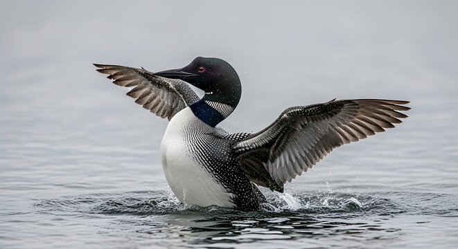 Black and white loon swimming on calm lake.