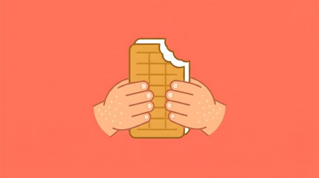 Hands holding a bitten ice cream sandwich on an orange background