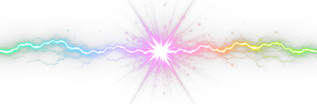 Rainbow lightning PNG transparent overlay with glowing electric energy and starburst, on transparent background