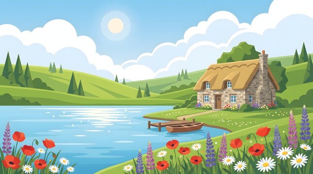Picturesque Countryside Cottage House by Scenic Lake with Wildflowers and Sunny Blue Sky Landscape Vector