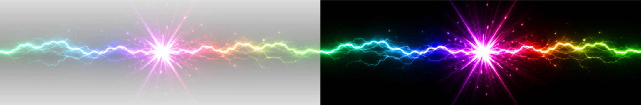 Glowing rainbow lightning PNG overlay with colorful electric energy effect, on transparent background