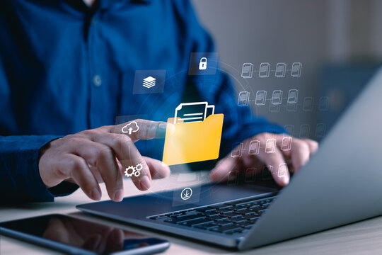 Businessman managing digital documents through a secure cloud file system, featuring document management, cloud storage, data security, file sharing, workflow automation and enterprise technology