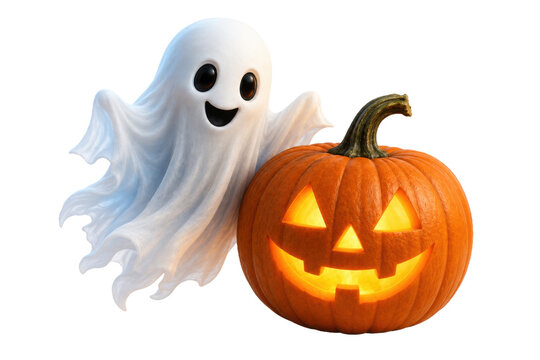 Cute cartoon ghost hovering next to carved glowing jack o lantern pumpkin isolated on transparent grid.