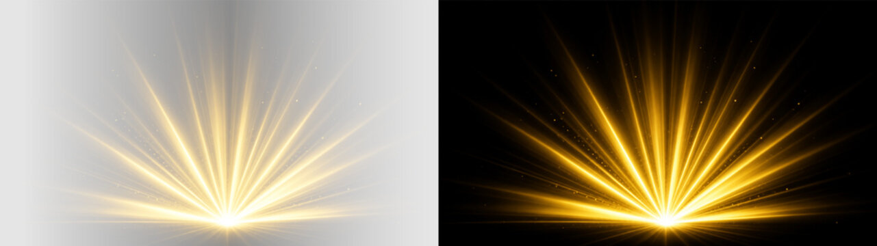 Golden glowing beam PNG overlay with luminous radiant sunburst rays, on transparent background