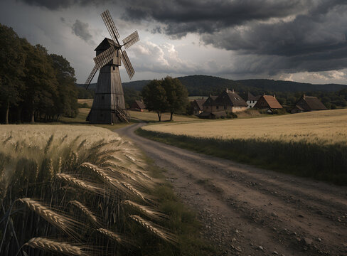 Country road leading to an old wooden windmill beside a peaceful village, heavy charcoal clouds overhead, wheat fields moving in the wind, moody lighting, highly detailed rural environment, unique com