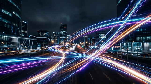 A long exposure night shot of a busy urban intersection showing vibrant light trails from moving vehicles against a dark city skyline