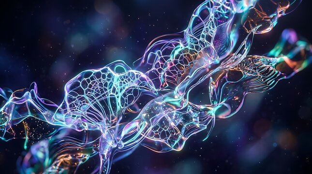 Abstract digital representation of a glowing dna double helix structure floating in a dark background representing genetic engineering and advanced medical science research