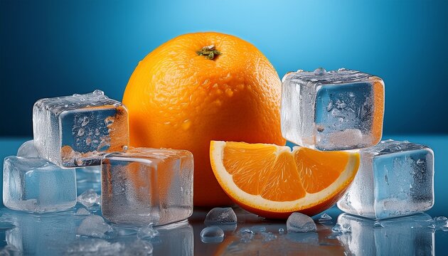 Fresh Orange Fruit With Water Droplets Resting On Ice Cubes Against A Soft Blue Background Highlighting Its Vibrant Color And Texture