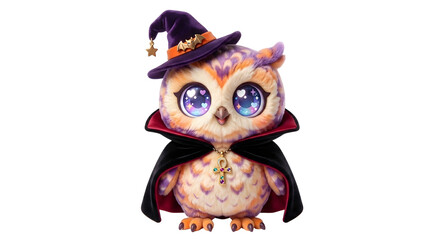 Cute pastel owl dressed up in a witch hat and vampire cape