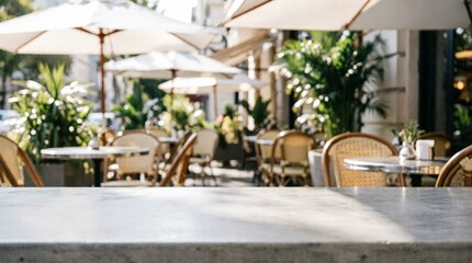 Fototapeta premium Outdoor Café Terrace with Umbrellas and Wicker Chairs for Lifestyle Photography