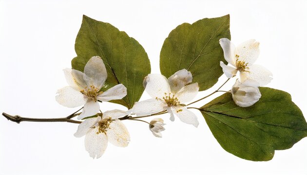 Isolated Pressed And Dried Green Branch With White Flowers Aesthetic Scrapbooking Dry Plants