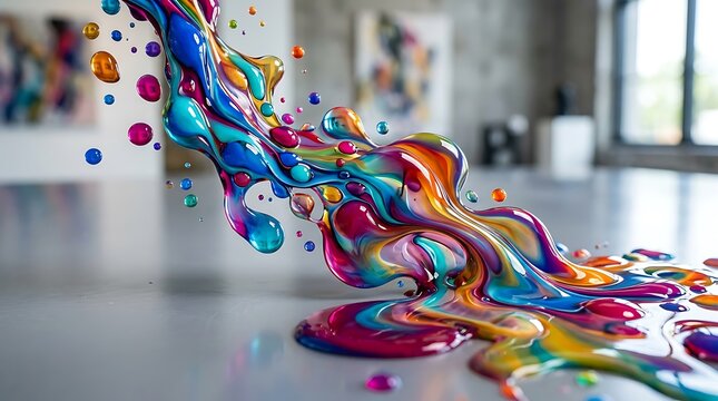 Vibrant multicolored liquid paint splashing and flowing across a clean modern studio floor creating a dynamic artistic explosion of bright vivid colors