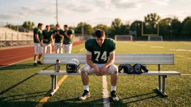 Sad teenage football player sitting alone. Excluded athlete feeling lonely on the bench.