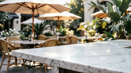 Obraz premium Outdoor Cafe Terrace with Marble Table and Umbrellas for Lifestyle Design