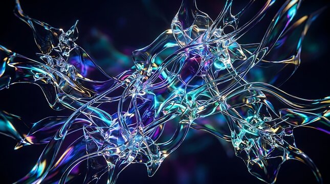 Abstract digital background featuring intricate glowing blue and purple crystalline structures with sharp geometric edges set against a deep dark void