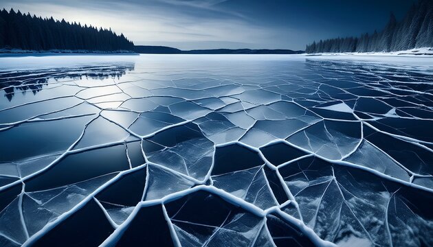 Intricate Patterns Of White Snow Cracks Stretching Across A Deep Frozen Dark Winter Lake Surface