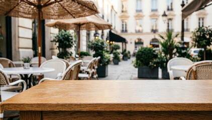 Fototapeta premium Outdoor Café Terrace with Wooden Table and Umbrellas for Lifestyle Photography