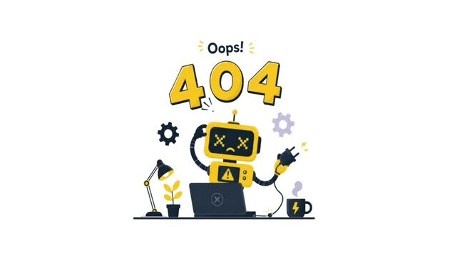404 Error Page Animation with Cute Robot Illustration on White Background | Website Error Motion Graphic
