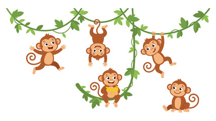 Group of cute cartoon monkeys playing on jungle vines with fruit.