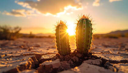 Obraz premium Cactus growing out of dry cracked ground reaching creating hopeful editorial mood generative AI