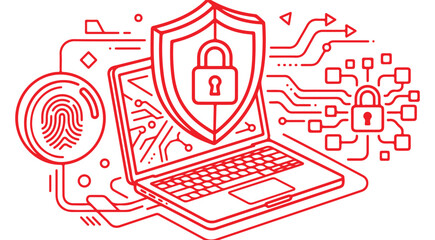 Cybersecurity vector illustration with laptop shield padlock and fingerprint scanner for data protection and network security © NEYDI