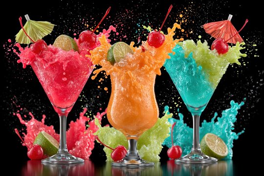 Vibrant frozen cocktails with splashes of color, garnished with cherries and lime slices on black background.