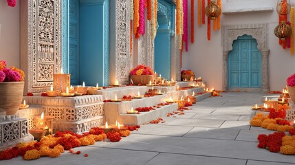 Fototapeta premium Traditional Indian Festival Decorated Courtyard with Flower and Candle Light