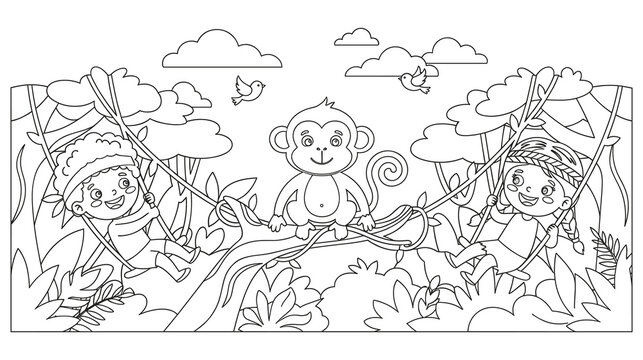 Jungle scene with children swinging and monkey on tree.
