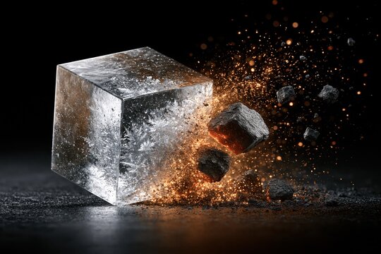 Abstract concept of ice cube shattering with glowing embers and dark rocks against a black background.