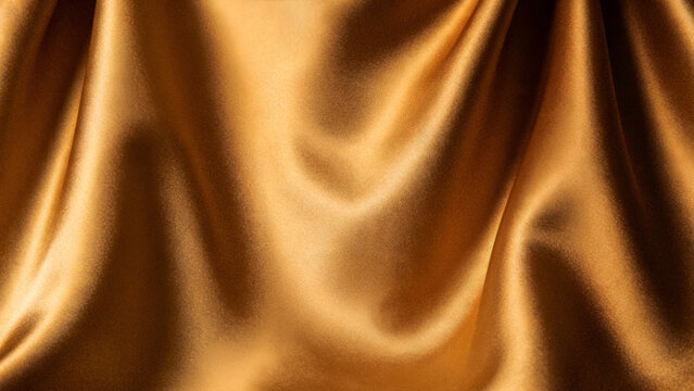 Abstract grainy background with luxurious flowing fabric waves in golden brown amber and yellow silk satin texture colors for premium design backdrops.