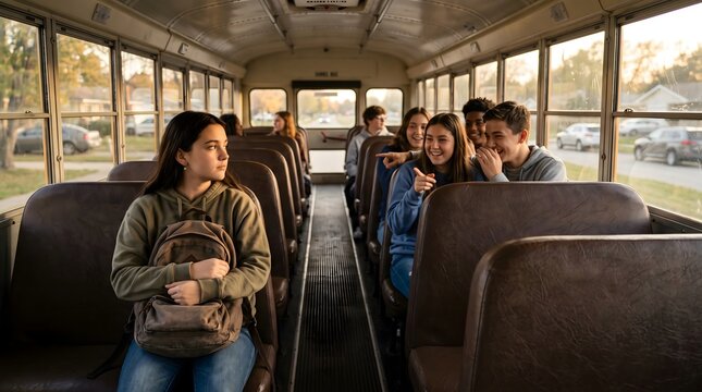 Teenage student riding a school bus. Girl sitting alone while classmates talk behind her.