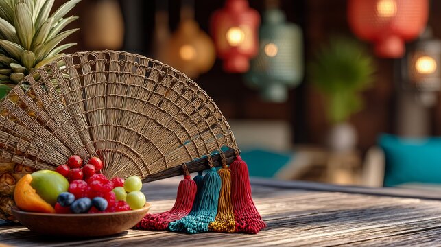 Traditional handwoven fan with colorful tassel and fresh fruit bowl on wooden table