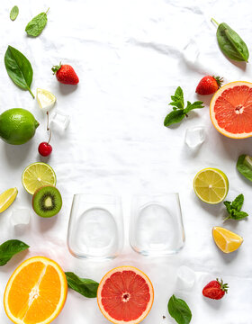 Mocktail ingredients fruit ice and empty glasses lying on light linen creating clean mood generative AI