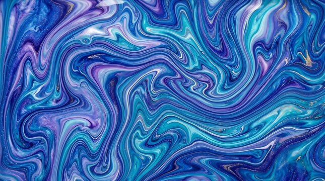Abstract background featuring a vibrant mix of swirling blue and purple liquid paint creating a mesmerizing fluid marble effect for artistic designs