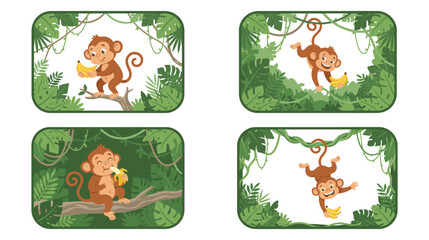 Cartoon monkey characters in jungle leaf frames eating bananas.