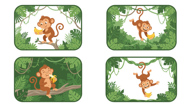 Cartoon monkey characters in jungle leaf frames eating bananas.