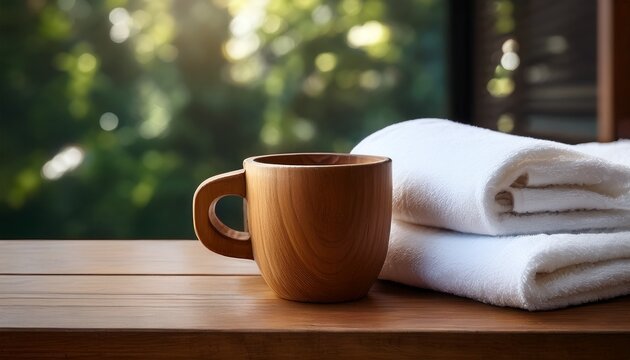 Wooden Cup And Folded White Towel On Table